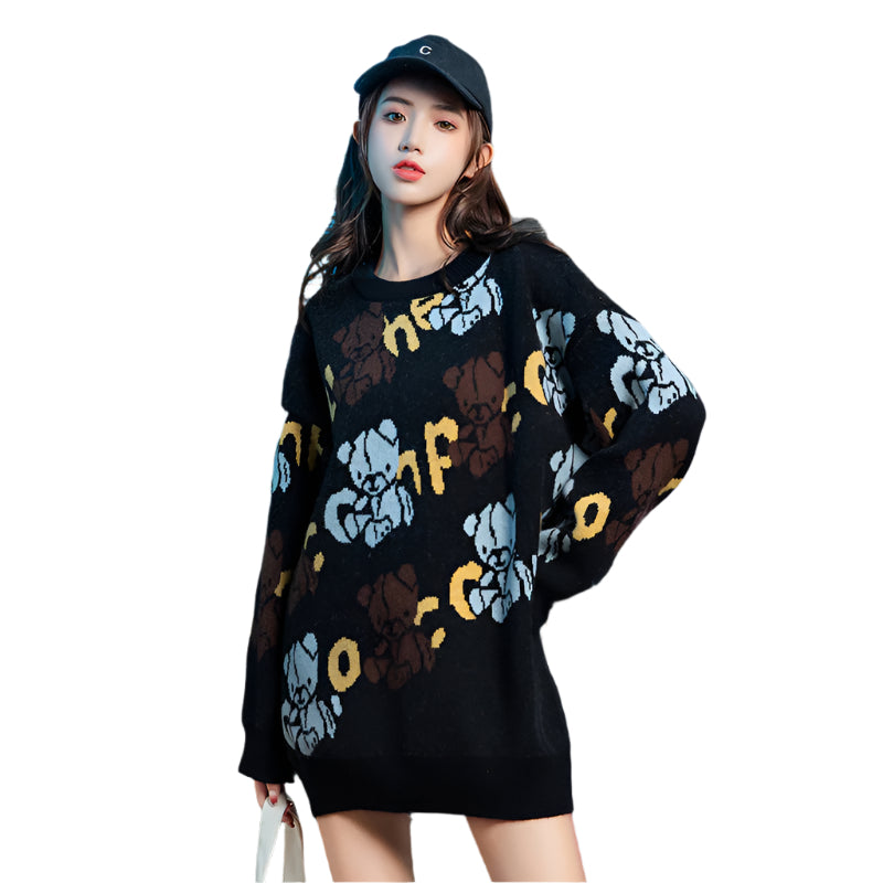 Japanese style knitted sweater with animal pattern, loose fit, thick and cozy for chilly days.