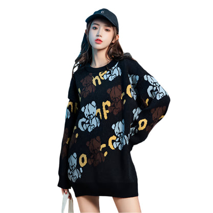 Japanese style knitted sweater with animal pattern, loose fit, thick and cozy for chilly days.