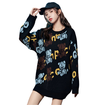 Japanese style knitted sweater with animal pattern, loose fit, thick and cozy for chilly days.