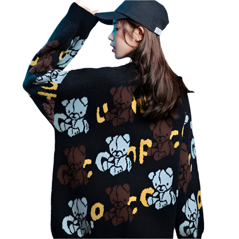 Japanese style knitted sweater with animal pattern, loose fit, thick and cozy for chilly days.