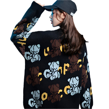 Japanese style knitted sweater with animal pattern, loose fit, thick and cozy for chilly days.