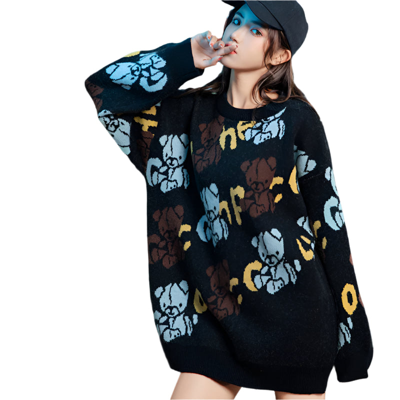 Japanese style knitted sweater with animal pattern, loose fit, thick and cozy for chilly days.