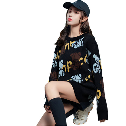 Japanese style knitted sweater with animal pattern, loose fit, thick and cozy for chilly days.